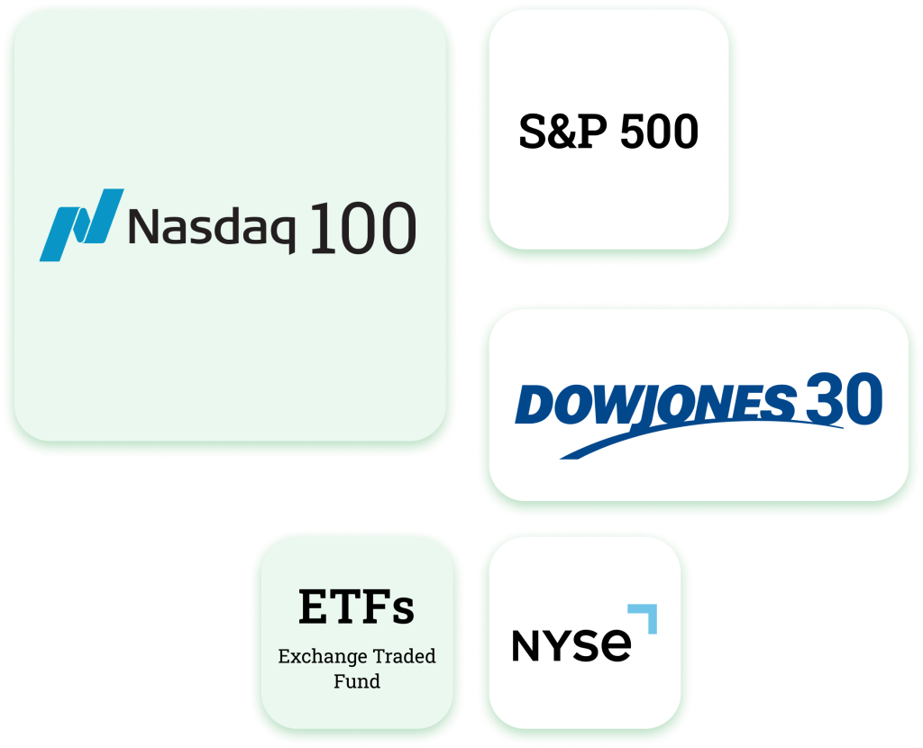 Tradable US indices and exchanges including Nasdaq 100, S&P 500, Dow Jones 30, and NYSE